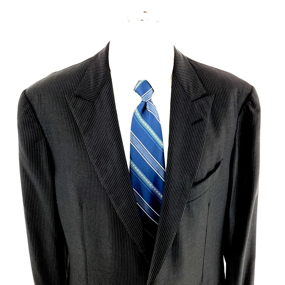 Ermenegildo Zegna Neiman Marcus Wool 2 Button Suit Jacket Black 42L Striped Mila
